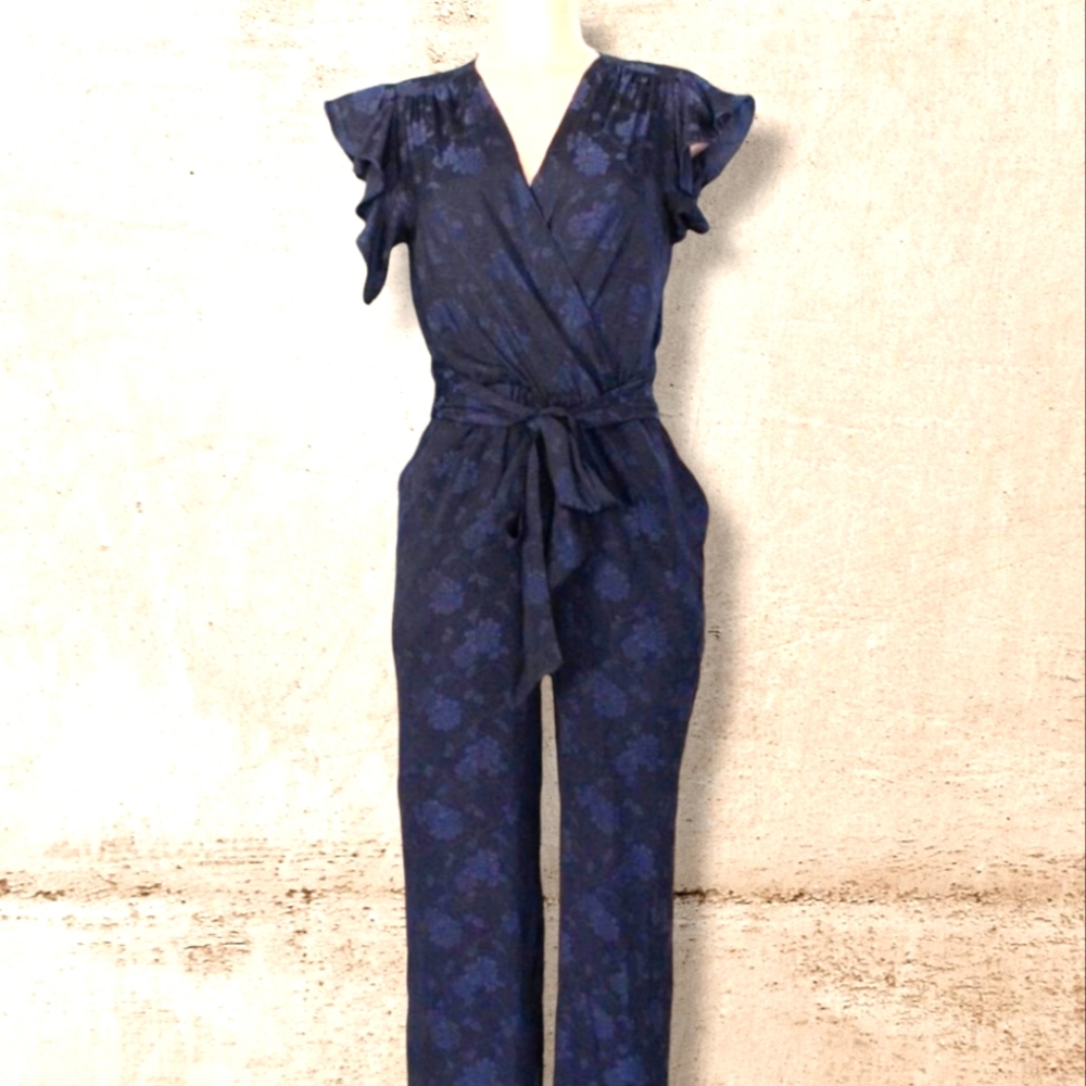 Midnight Navy Floral Jacquard V-neck Wrap Jumpsuit XS
